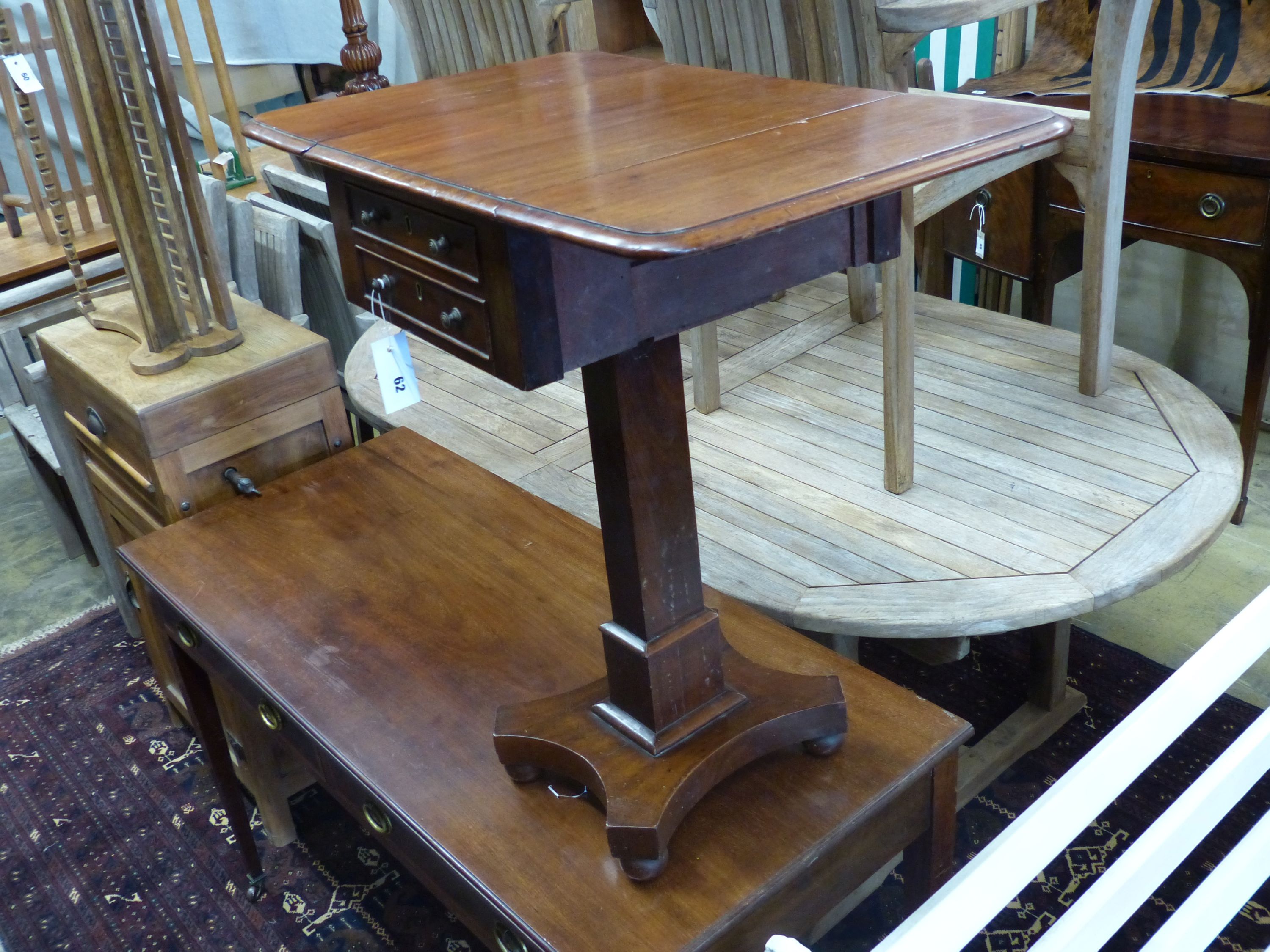 A Victorian drop flap work table, width 34cm, depth 44cm, height 72cm